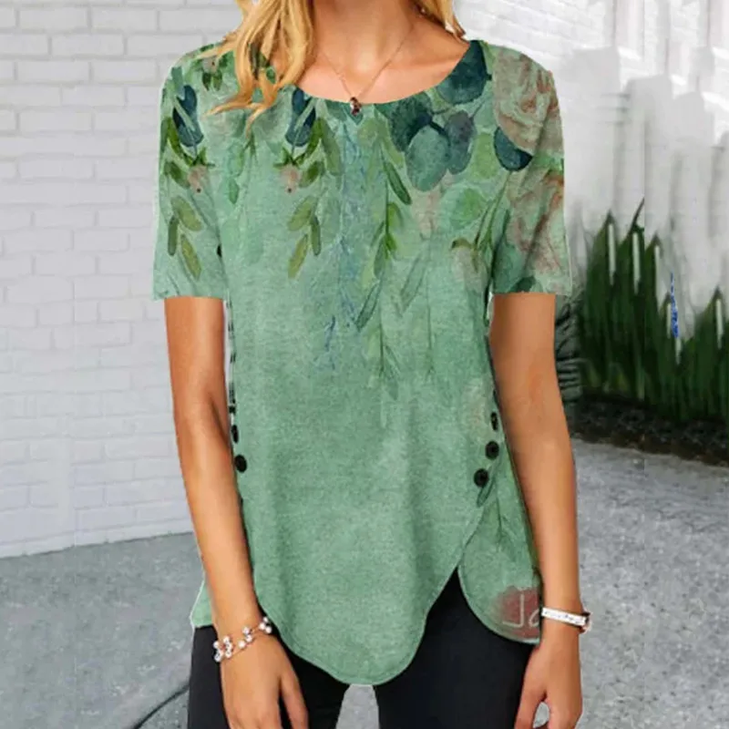 

2021 Street Hipster Loose Casual Summer Women's Clothing Printed Floral Round Neck Irregular Hem Button Short-Sleeved T-Shirt