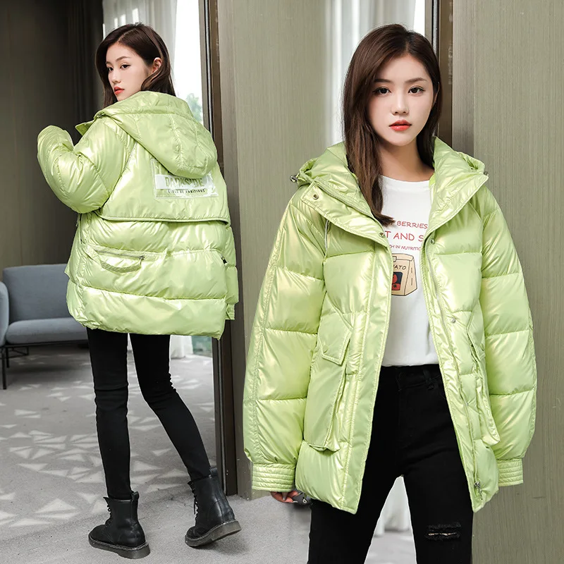 

Короткое пальто, новинка 2021, яркое пальто с капюшоном из лакированной кожи, Зимняя Студенческая свободная хлопковая куртка без стирки