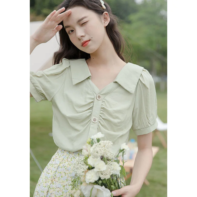 

Puff sleeve shirt women anti-wrinkle V-neck Western style small shirt short-sleeved tops fashion wn*