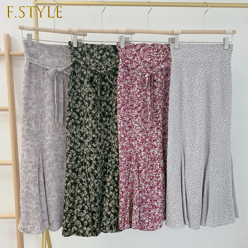 

2021 Autumn Women Skirts Temperament Vintage Faldas A Line Print Ruffle High Waist Sashes Mid Length Mermaid Jupes