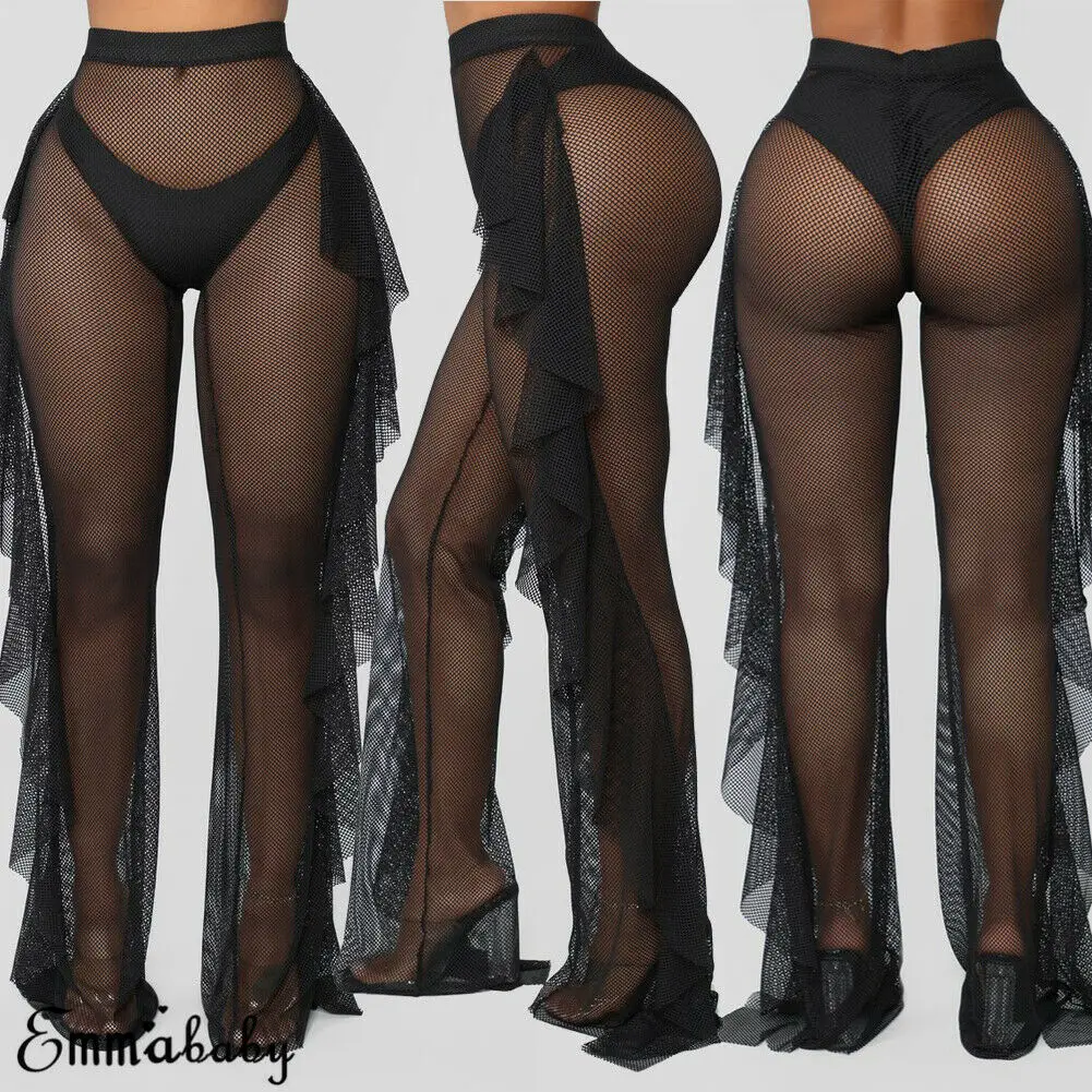 Женские пляжные накидки с оборками летние прозрачные штаны широкими штанинами