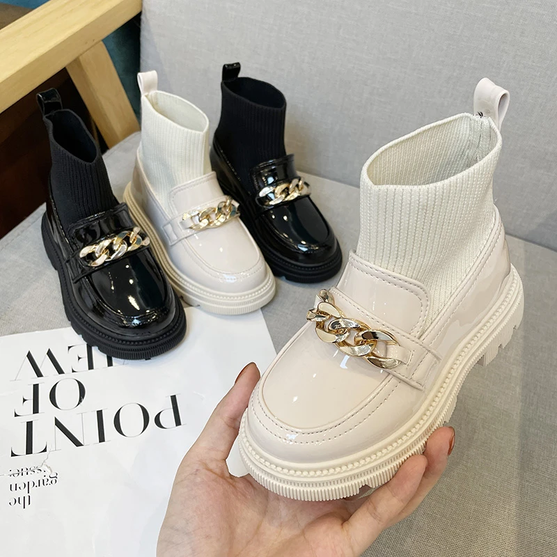 

Metal Chain Girls Boys Fashion Boots PU Leather Knitting Patchwork Slip On Kids Socks Shoes Anti Slip Children Ankle Boots Black