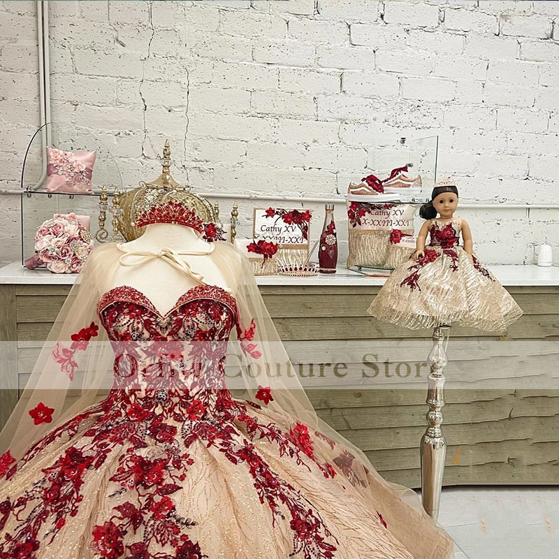 

vestido de festa Quinceanera Dress with Cape 2022 Sequins Lace Flowers vestidos formales Party Gowns Ball Gown Dress