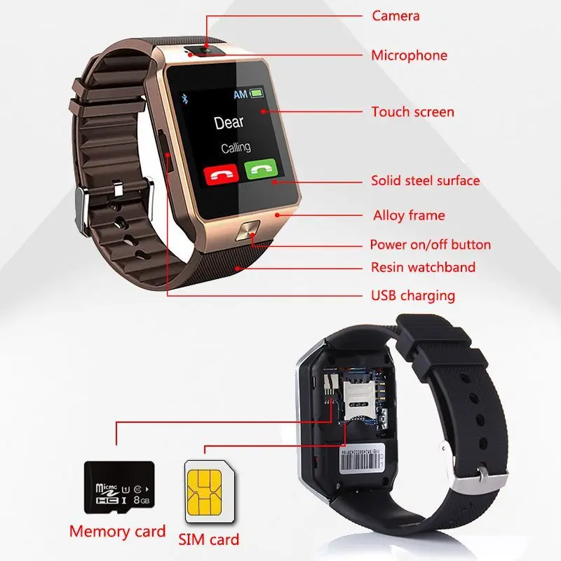 dz09 professional smart watch 2g sim tf camera waterproof wrist watch gsm phone large capacity sim sms for android for phone free global shipping