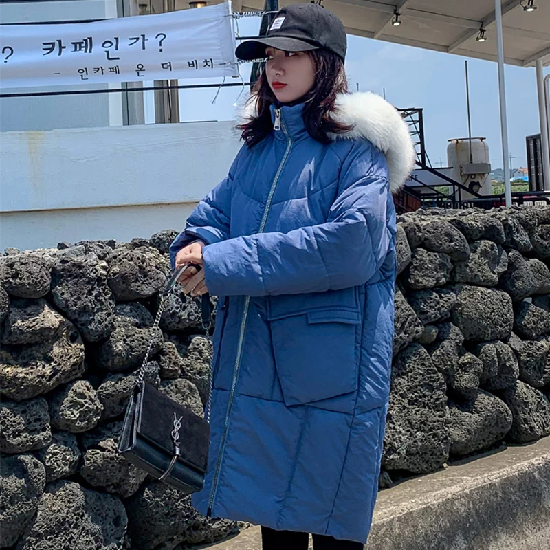 2019 корейский стиль зимняя куртка женская Свободная с капюшоном воротник из