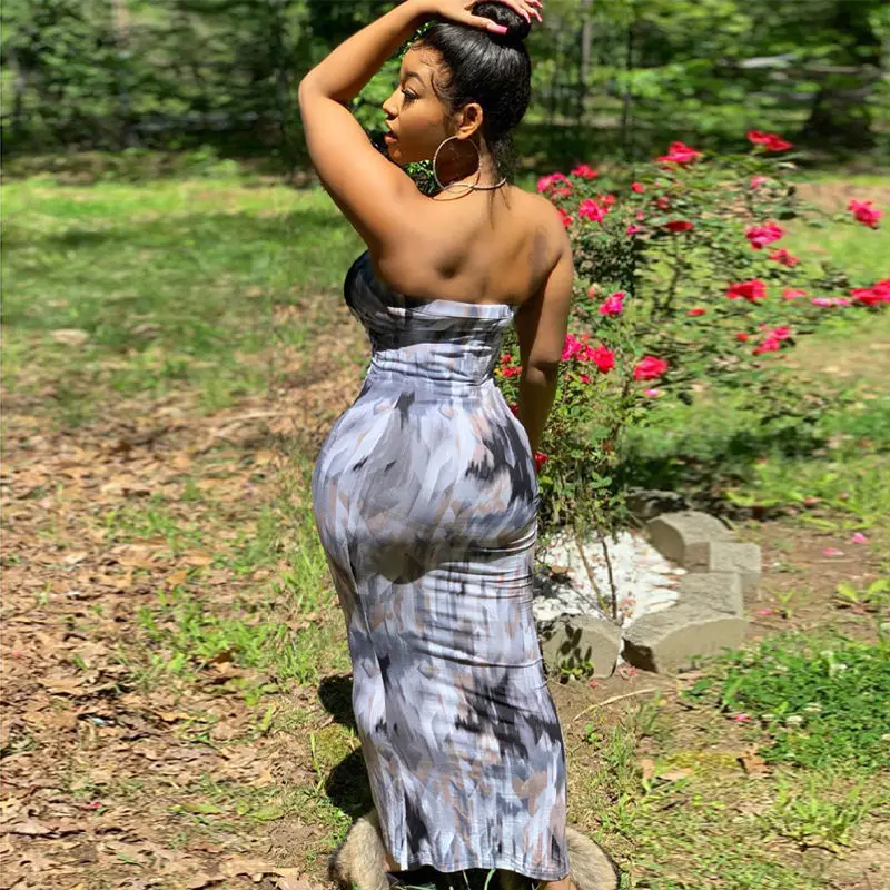

Tie Dye European And American Fashion Printed Dress 2021 Spring New Sexy Shoulder Bra Temperament Maxi Dresses For Women