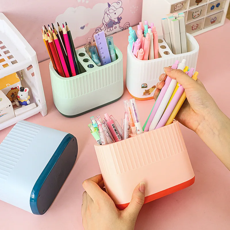 

TOPYU NEW Solid Color Striped Double Grid Pen Holder Large Capacity Desk Pencil Case Storage Box Student Office Stationery