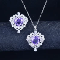 synthetic lavender amethyst pendants necklace rings set silver color fine fashion wedding heart stone jewelry sets for women