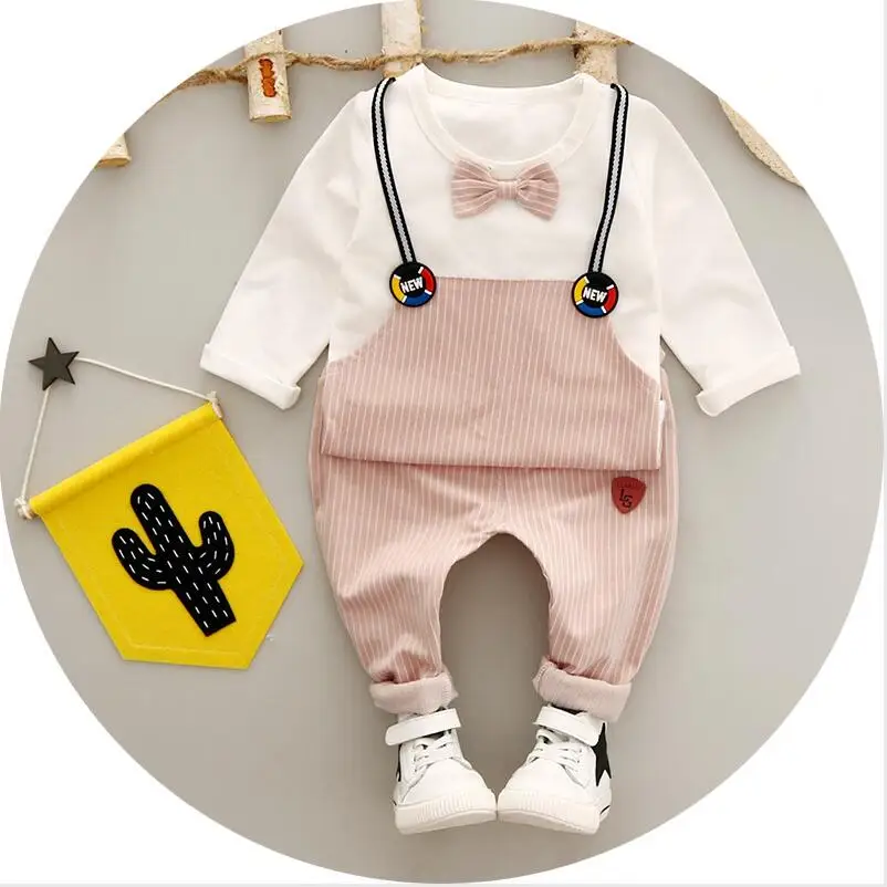 HYLKIDHUOSE г. Комплекты детской одежды Осенние костюмы для маленьких мальчиков и девочек Повседневный стиль, Детская Хлопковая футболка с бантом+ Детские костюмы в полоску