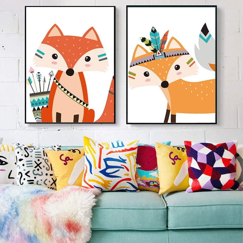 

Cute Cartoon Animal Posters Watercolor Deer Bear Fox Wall Art Canvas Painting Prints Pictures for Baby Bedroom Decoration