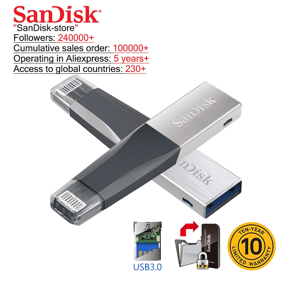SanDisk OTG USB флеш-накопитель USB3.0 HD карта памяти для iPhone/iPad/iPod/PC 32GB 64GB 128GB 256GB |
