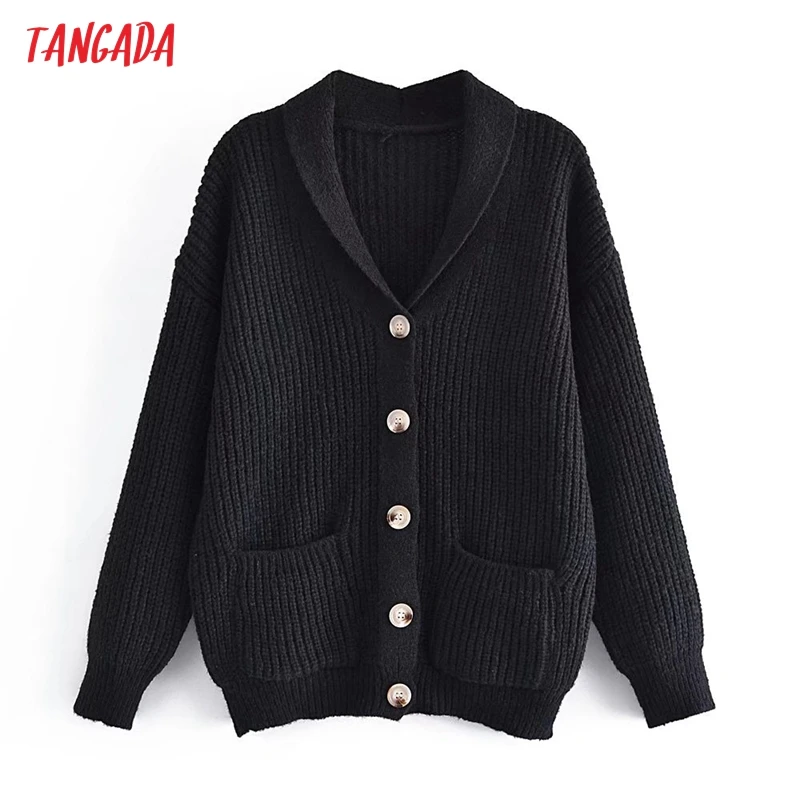 

Tangada 2021 Autumn Winter Women Turn Down Collar Knitted Cardigan Sweater Jumper Vintage Long Sleeve Female Outerwear 5D152