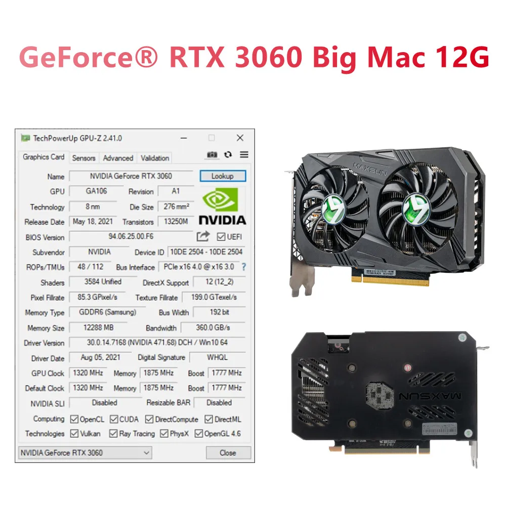 Видеокарта MAXSUN RTX 3060 3070 8 ГБ/12 Гб GDDR6 8nm 192bit PCI Express X16 4 0 для настольных компьютеров |