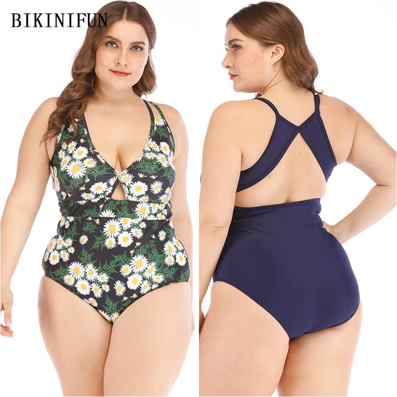 

2020 New Sexy Deep V Monokini Women Floral Print Swimsuit Plus Size Swimwear XL-4XL Girl Double Straps Beachwear One Piece Suit