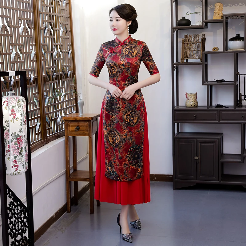 AO Dai, длинное платье чонсам, M-4XL, новинка, китайский стиль, вискозное платье, женское вечернее Ципао, тонкое платье для вечеринок, весеннее женское платье на пуговицах - Цвет: Бургундия