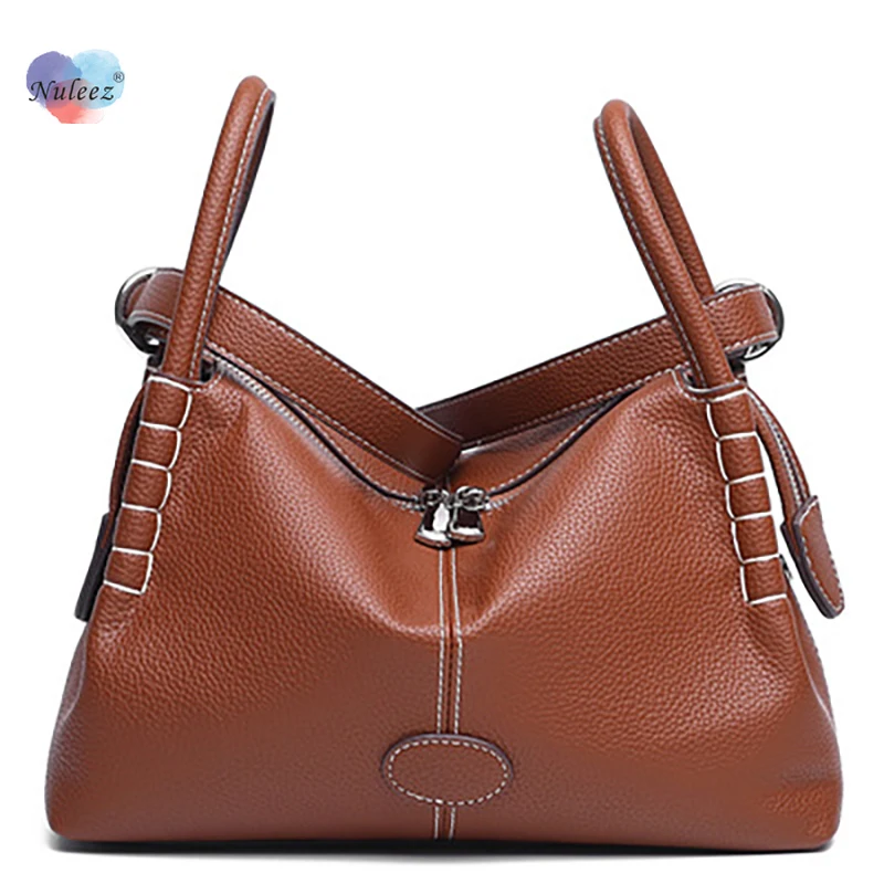 

Leather Double Handle Bag Female Linnddy Style Fashion Big Capacity With Long Strap Classical Orange Blue Solid Totes Zipper New