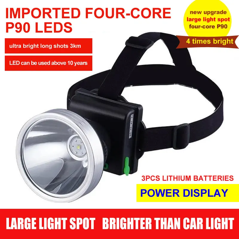 

P90 Portable Headlamp Flashlight White Light Waterproof Rechargeable Lithium Battery Camping Latern 18650 ABS Plastic Headlights