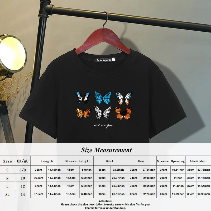 

Sweet Butterfly Print Shirt For Women Korean Casual O-neck Short Sleeve Cropped Tees Female All Match Fashion Tide 2021 Summer