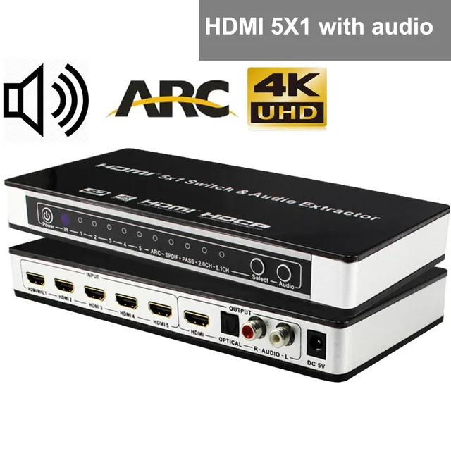 HDMI 5X1 with audio 4K HDMI коммутатор 5x1 с аудио HDMI 1,4 HDMI аудио экстрактор 4K x 2K 3D ARC аудио цифровой toslink HDMI переключатель - Цвет: HDMI 5X1 with audio