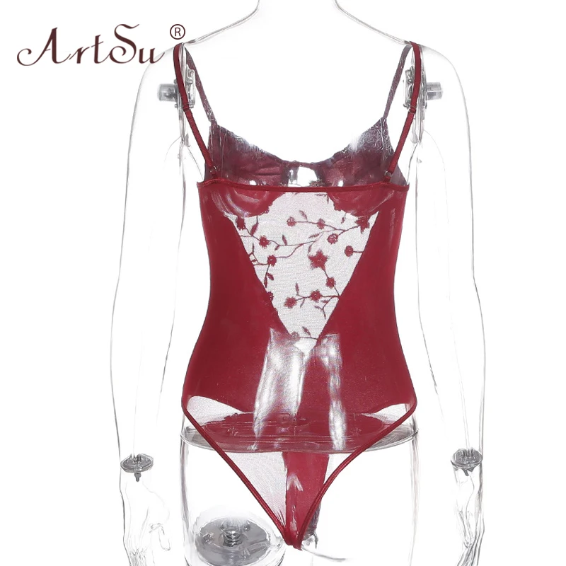 

ArtSu Women Sleeveless Red Retro Bodysuit Sexy Hollow Out Floral Embroidery Mesh Bodysiut Patchwork Velvet Body Top Mujer Party