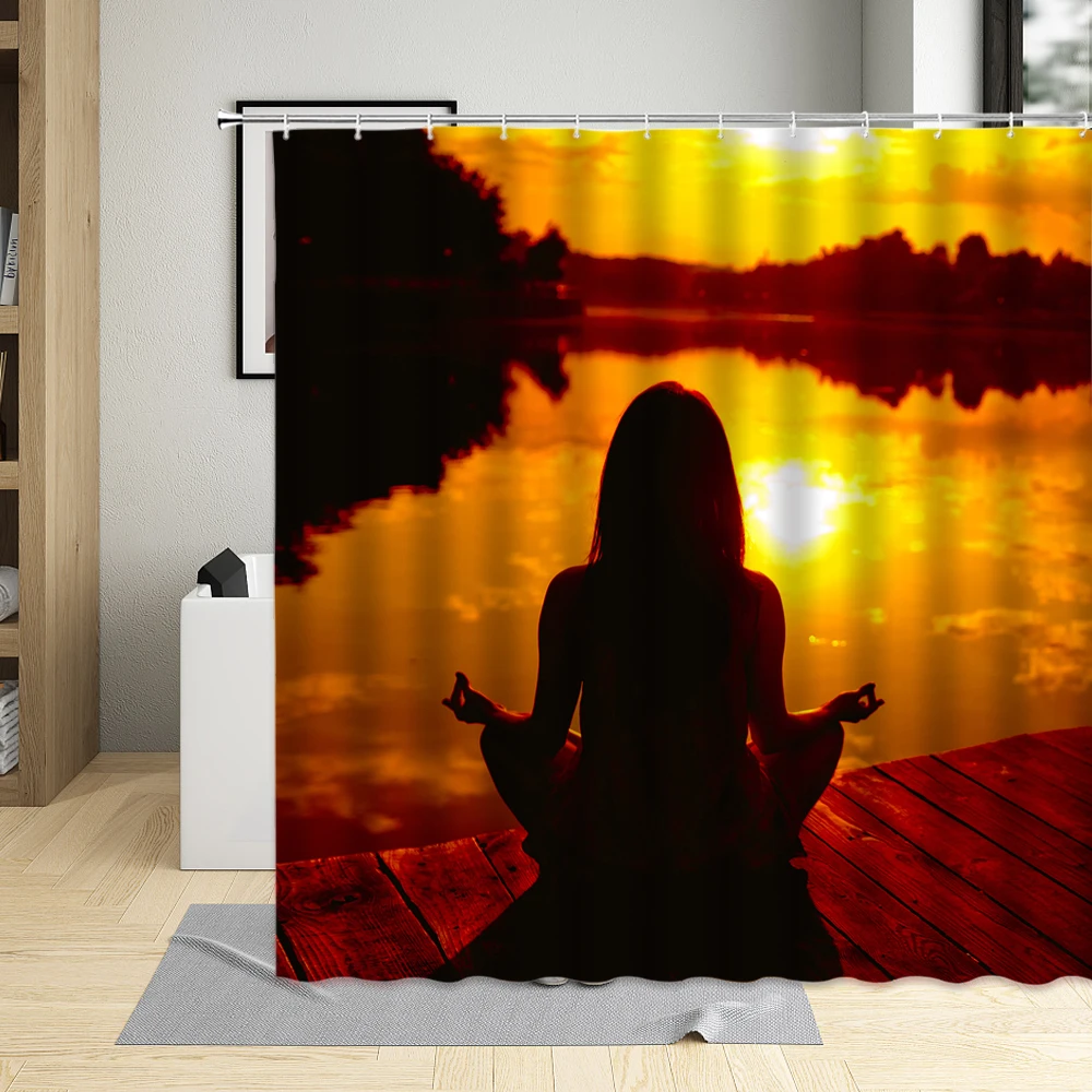 

Yoga Dance Girls Beach Sunset Nature Scenery Shower Curtain Fabric Waterproof Bathroom Decor With 12 Hooks Bath Curtains