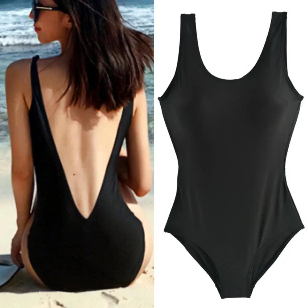

Women One Piece Padded Black Blackless U-neck Sleeveless Swimsuit Bathing Suit for Swimming Pool
