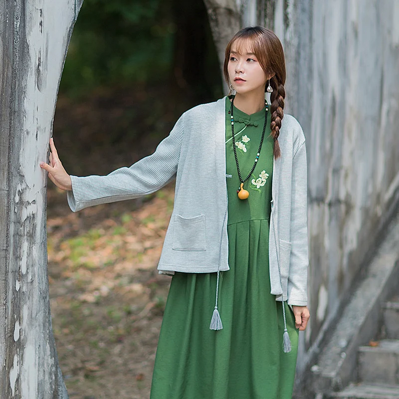 Женское трикотажное хлопковое пальто с длинным рукавом и открытым воротником |