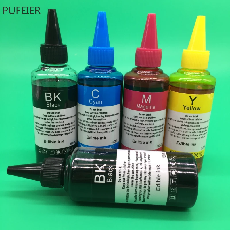 

5 Bottles 100ml Edible Ink Refill For HP Brother Canon Epson Desktop Inkjet Printer Black C M Y Food Cake Chocolate Printed Inks