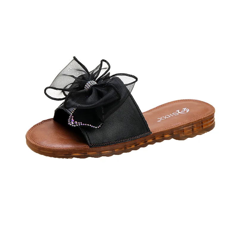 

Women's Genuine Leather Shoes Female Slippers Luxury Slides Multicolored Sandals Butterfly-Knot 2021 Summer Designer Flat Basic