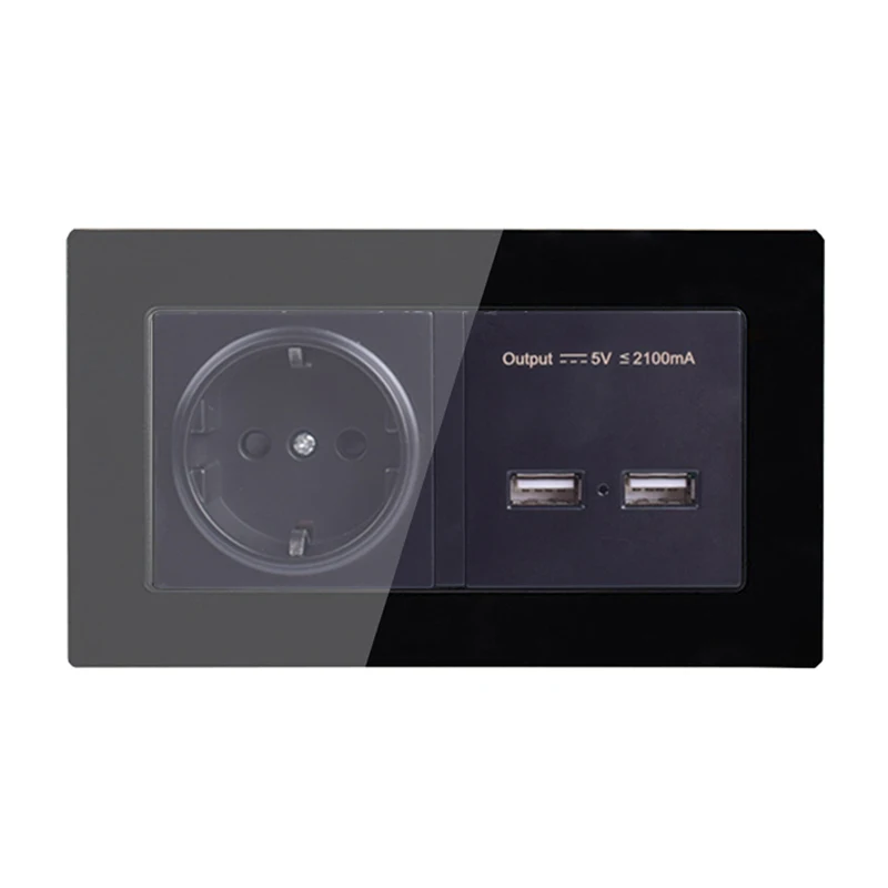 German Standard Socket EU Power Outlet With Dual USB Smart Induction Charge Port For Mobile 2.1A Crystal Glass Panel | Обустройство