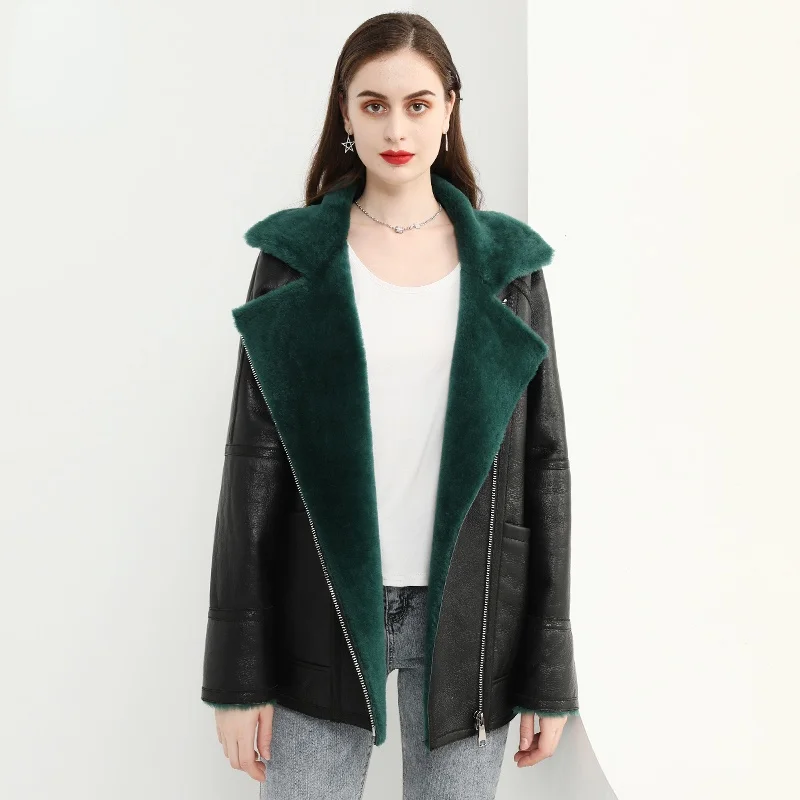 

Winter Lamb Leather Clothes for Women Real Sheepskin Leather Coat Ladies Oblique Zipper Black Shearling Jacket Woman Overcoat