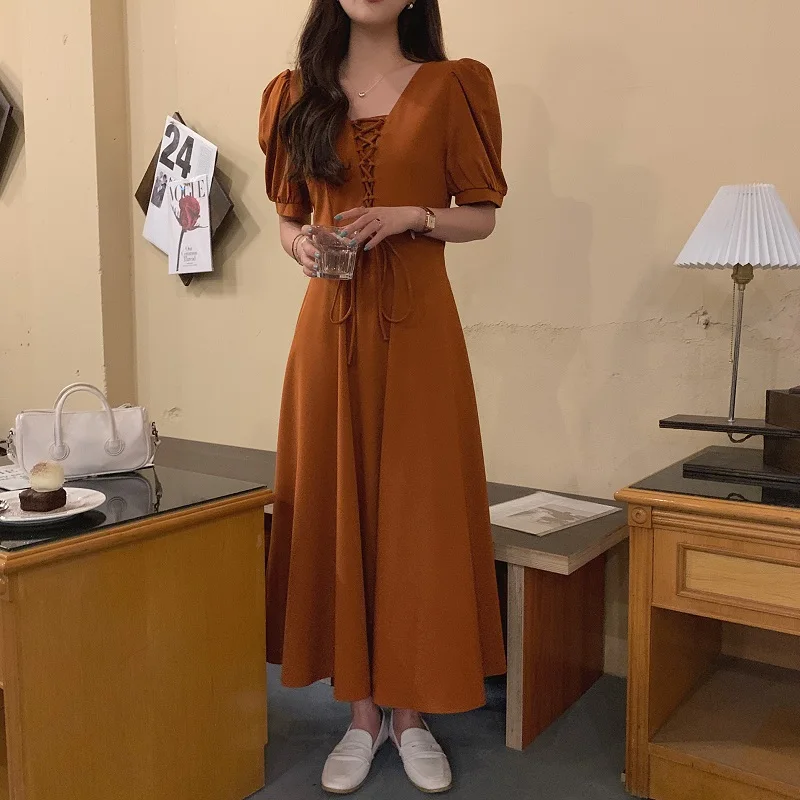 

ZCSMLL Korean summer slimming square neck solid color dresses cross tie design slim high waist puff sleeve dress 2021 tide