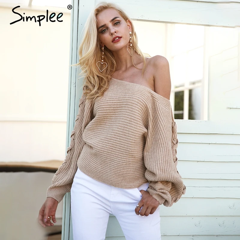 Simplee Sexy lace up winter knitted sweater pullover Women one shoulder loose jumper Autumn batwing sleeve gray | Женская одежда