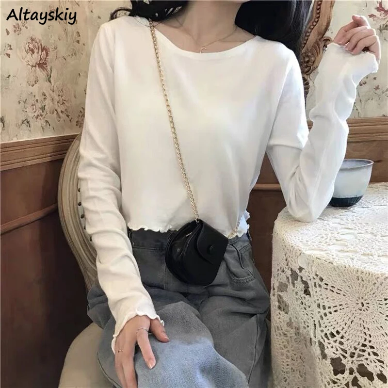 

Футболка женская базовая с длинным рукавом, универсальный свободный кроп-топ, простая однотонная винтажная удобная повседневная одежда в К...