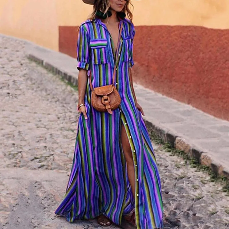 Летнее платье Lofia с полосатым принтом, рубашка для женщин с коротким рукавом, мультицвет, бохо стиль из шифона, размер S-XL, Vestido Mujer.