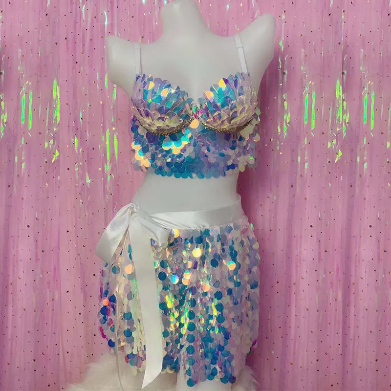 

holographic Sparkly Sequin Outfit Sexy bra skirt Party 2 Pieces Set Dj GOGO Female Singer Nightclub Dance Skirt Costume