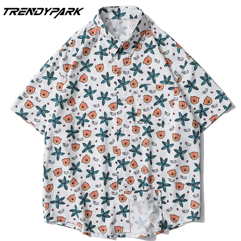 

Men's Shirt Summer Short Sleeve Printed Blouse Hip Hop Oversized Casual Harajuku Streetwear Single-breasted Collar Tops Shirts