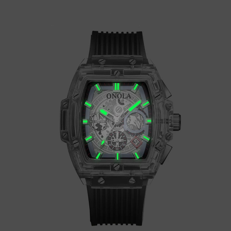 

2021 New Brand Personality Transparent Men Watch Quartz Multi-Function Luminous Display Unique Tonneau Shape Couple Wristwatch