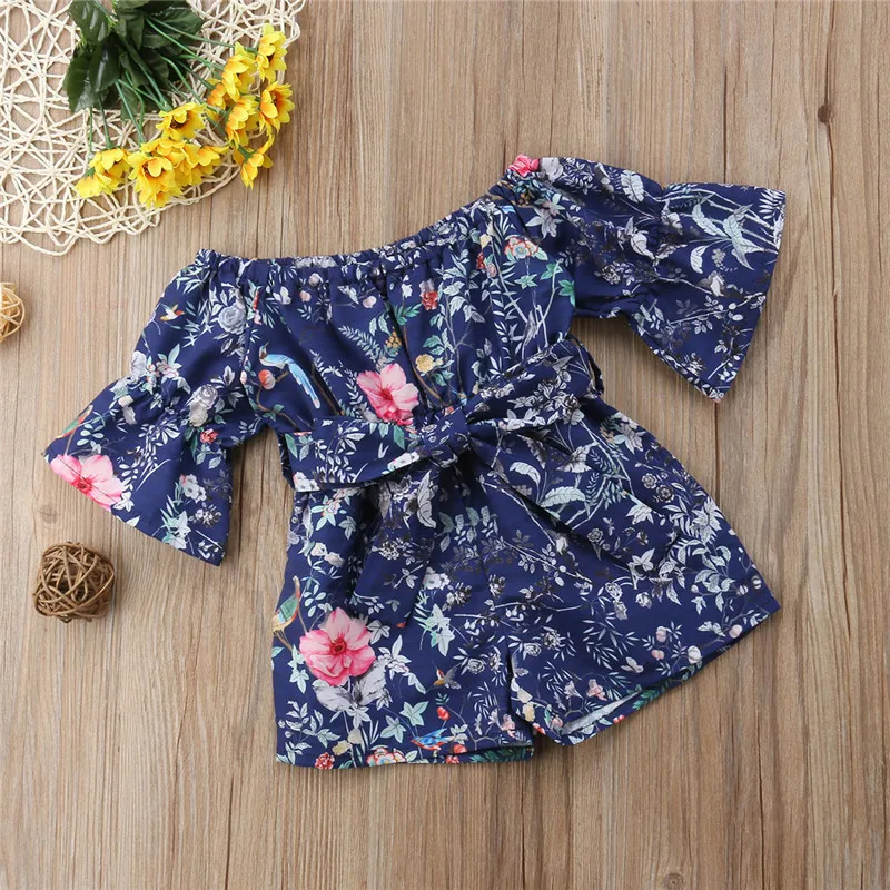

Toddler Kids Baby Girls Rompers Floral Printed Jumpsuit Cute Off-Shoulder Children Summer Half Sleeve Jumpsuits Playsuit Shorts