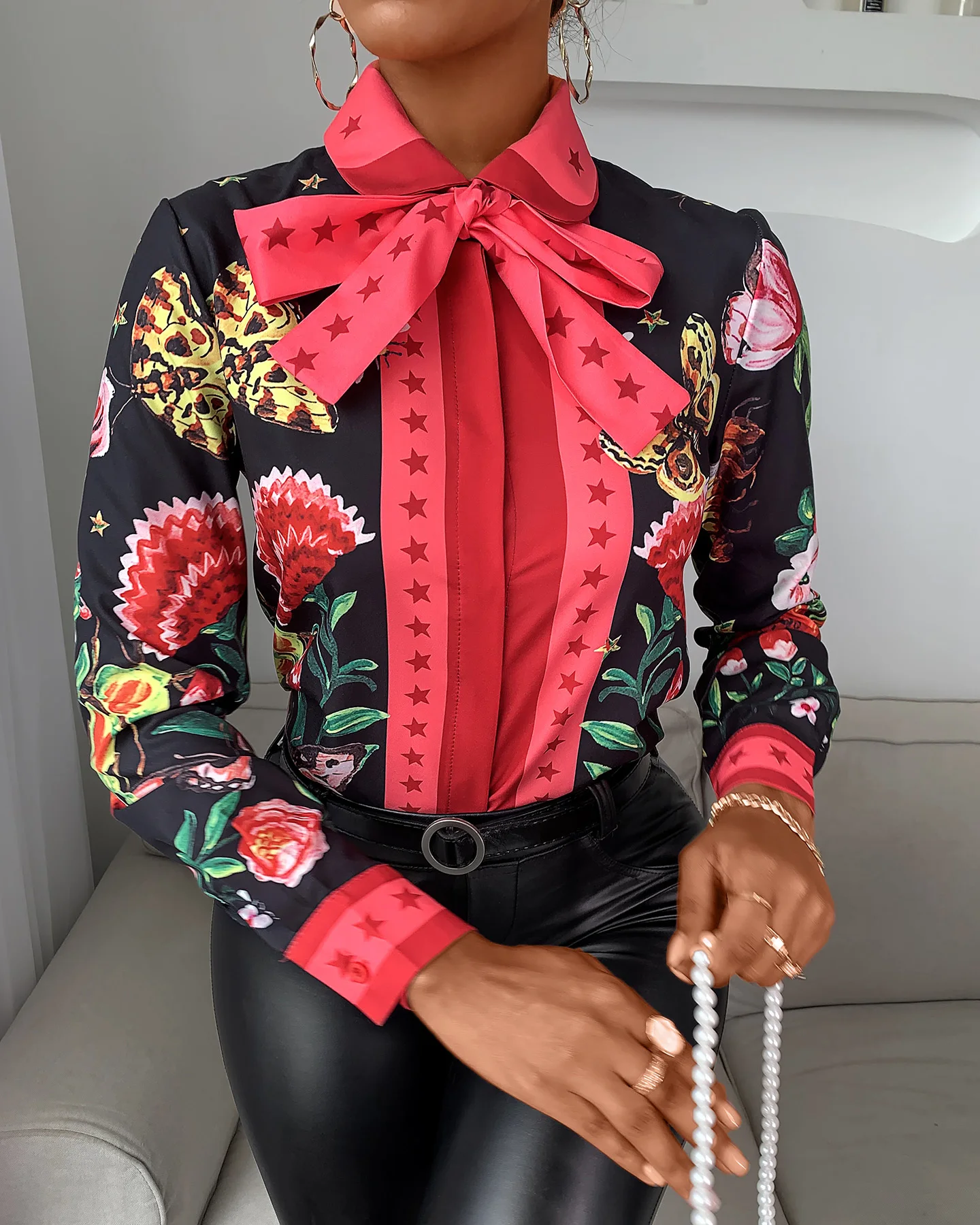 2020 Women Casual Autumn Turn-down Collar Chic Chiffon Blouse Tie Neck Floral Butterfly Print Long Sleeve Blouse Ladies Shirt