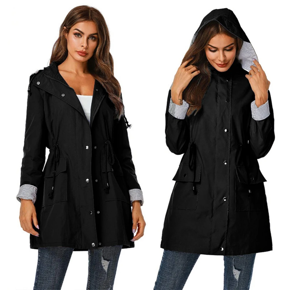 

Women's Lightweight Hooded Raincoat Waterproof Windbreaker Camping Beach Outdoor Hiking Covered Button Jacket Autumn