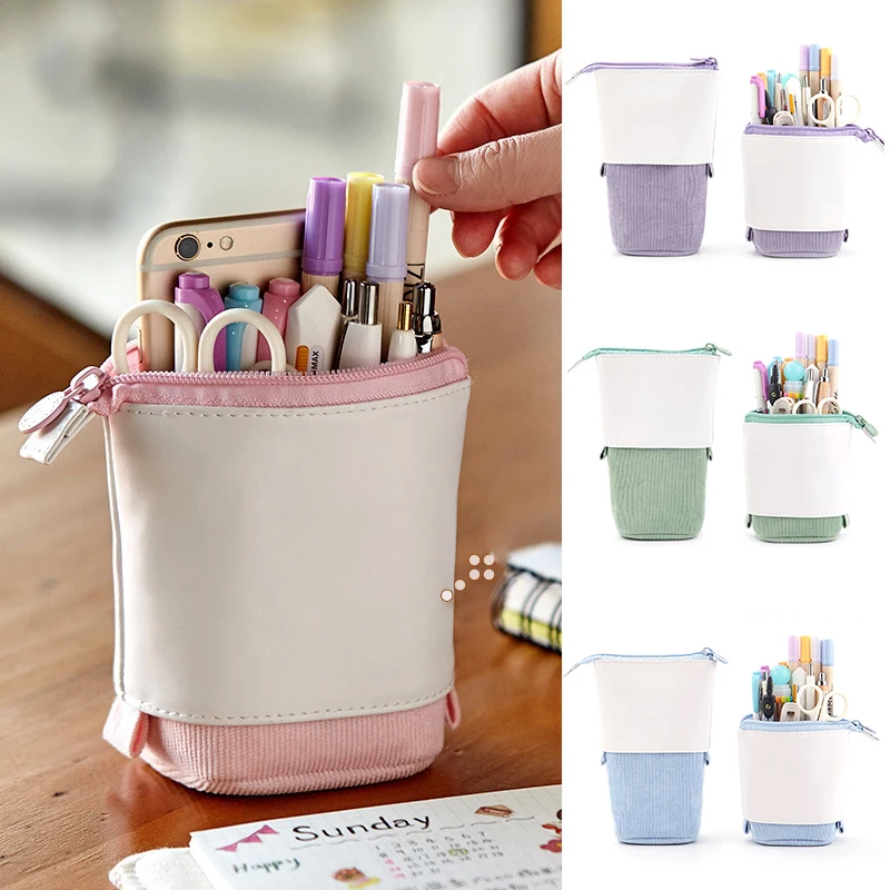 

Pop-up Pencil Case Telescopic Holder Stationery Case PU Corduroy Stand-up Transformer Bag Large Capacity Gift for Kids