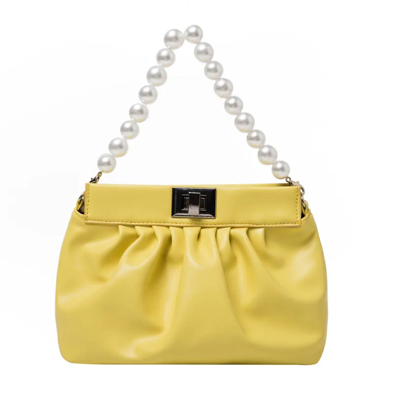 

Women's Solid Casual Handbags Single Pearl Chain Fold Cloud Shoulder Bags Versatile Pu Hobos for Female Crossbody Bag