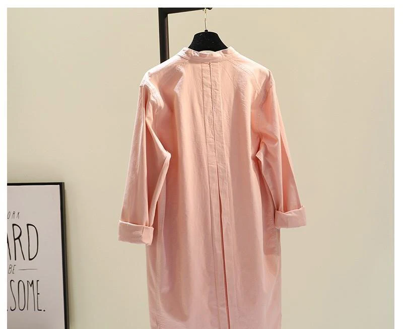 

Women Long Shirts 2021 Spring Stand Collar Long Sleeve Button Up Shirts Female Boy Friend Style Casual Blouse Pocket Cotton Tops