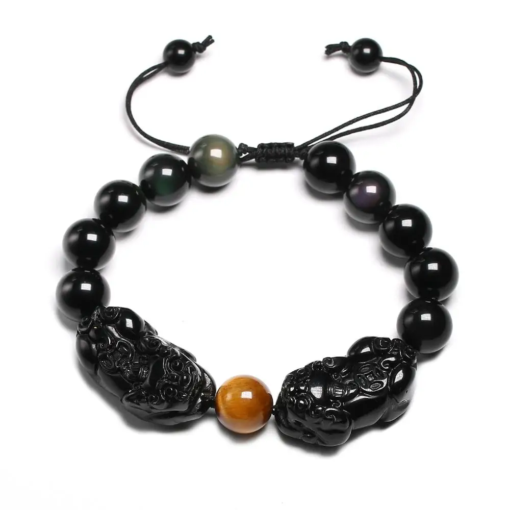 Браслет из натурального камня черного обсидиана с тигровым глазом и двойным Pixiu