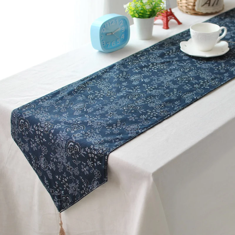 

Japanese style deep blue flower table runner tea mat cotton linen tea table cloth Zen tablecloth