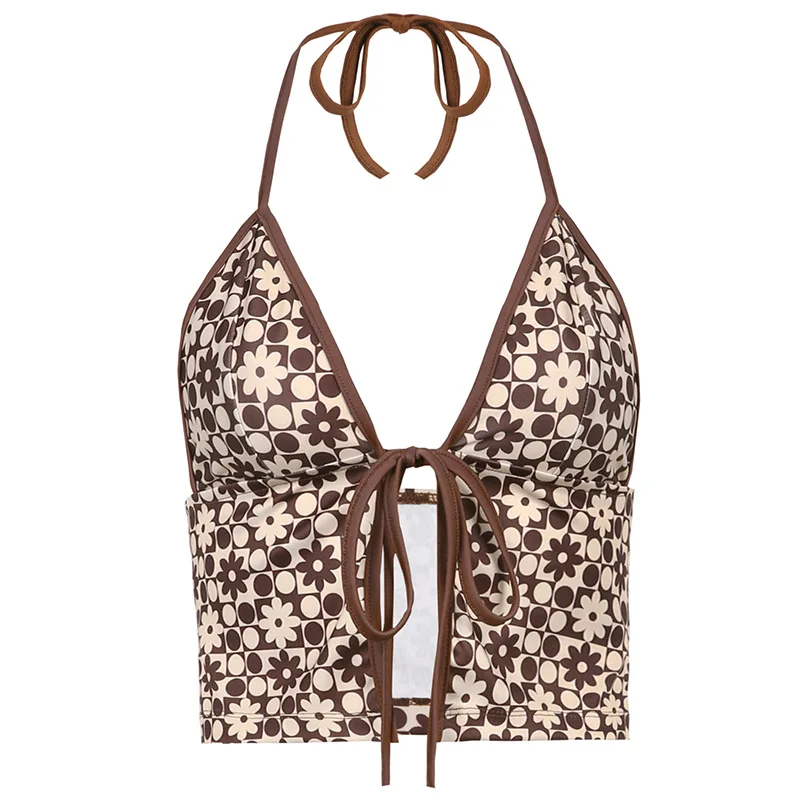 

Halter Vest Women 2021 New Chest Tie V-neck Floral Vest with Halter Bottoming Top