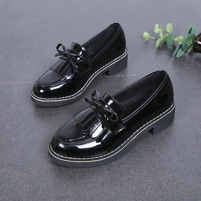 Бантом Дамская обувь с кисточками размера плюс Туфли оксфорды Женская на плоской