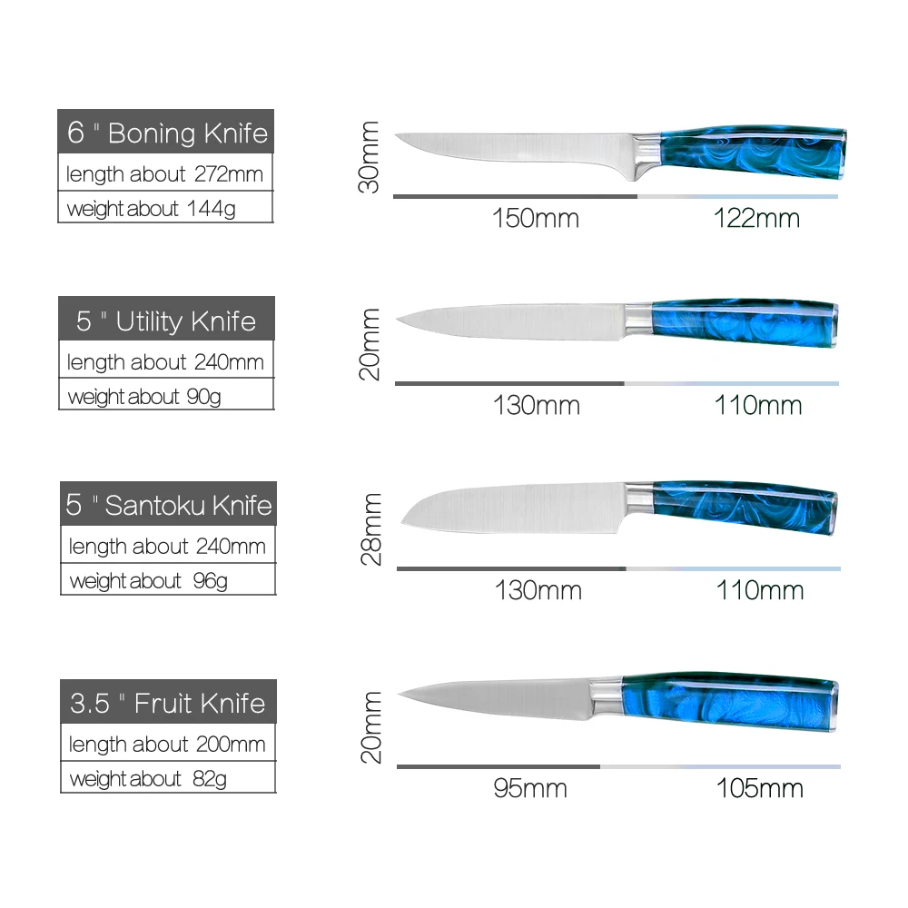 

Knife Set 10 pcs Stainless Steel Knives Kitchen Chef 8" Bread Slicing 7" Cooking Santoku 6" Boning 5" Utility 3.5" Paring Knives