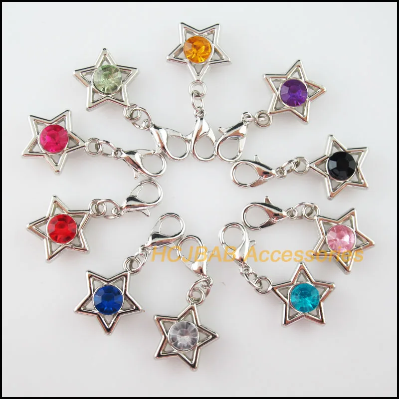 

20Pcs Dull Silver Plated Mixed Crystal Star Charms With Lobster Claw Clasps 15x17mm